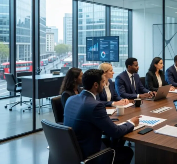 Consulting team reviewing strategic plans on a board