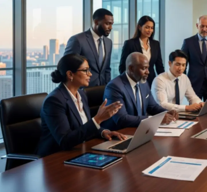 Consultants and client leaders collaborating in a modern meeting room