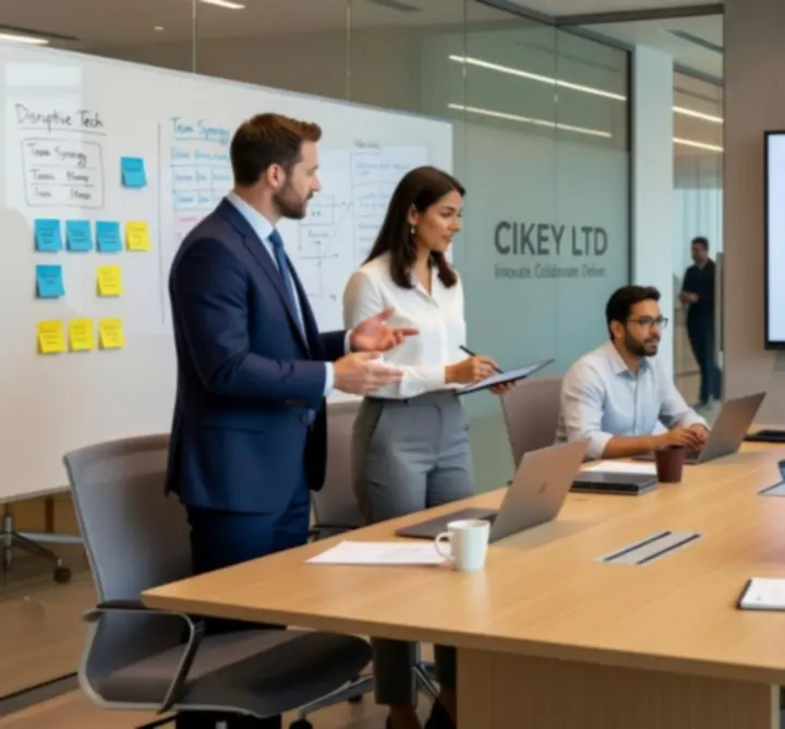 Consultants and clients collaborating around a table in a partnership meeting