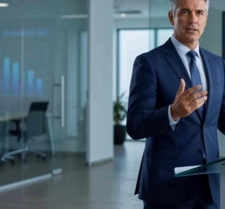 Executive delivering a strategic video briefing in a boardroom