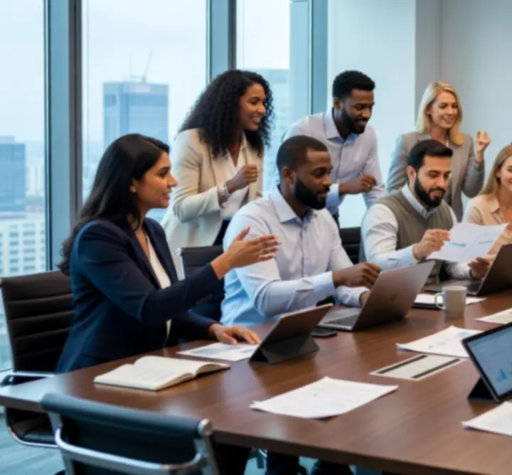 Consultants collaborating in a modern global workspace