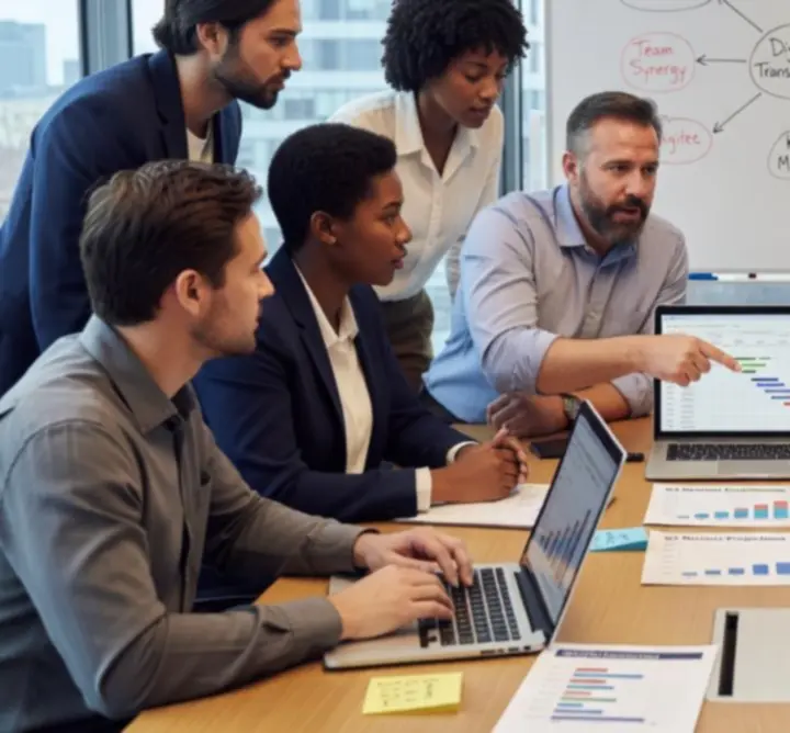 Interdisciplinary consulting team meeting in a modern office